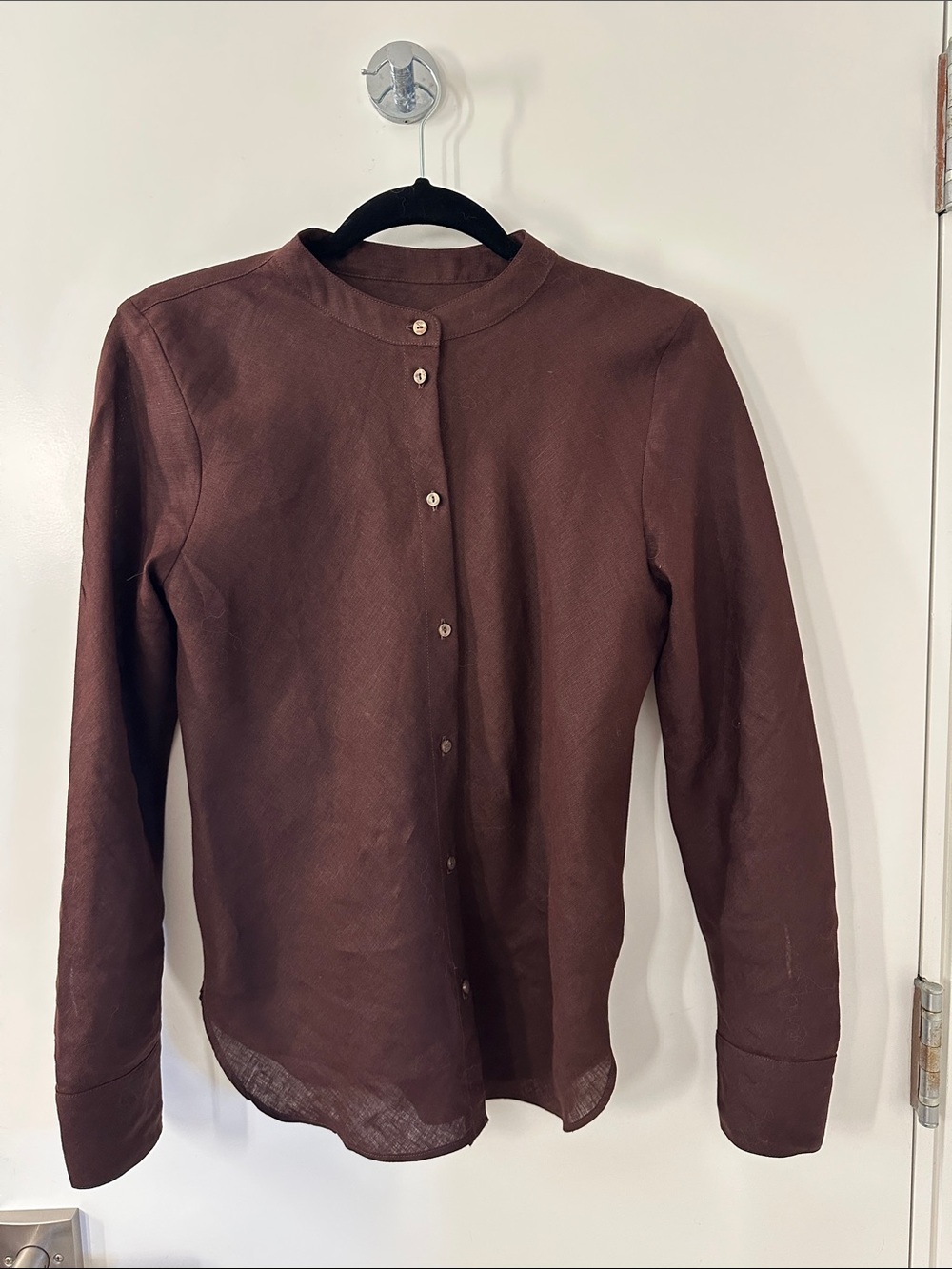 J. Crew 100% linen slim cholocate Brown Mandarin Collar Button-Down Shirt